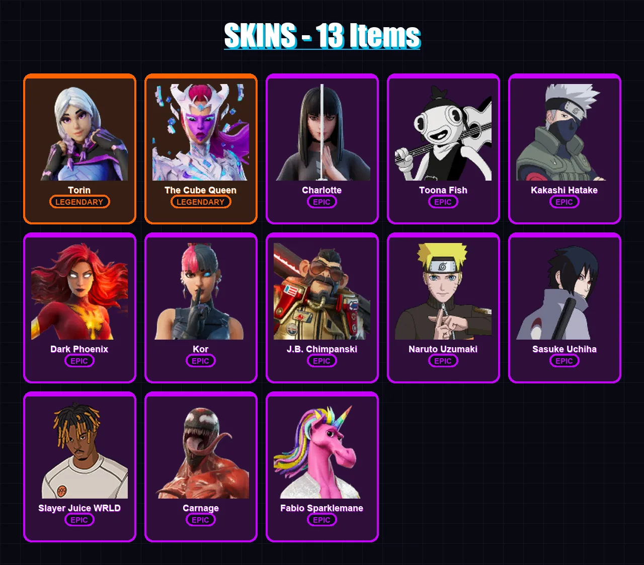 [PS4/PS5/PC] | Torin | The Cube Queen | Charlotte | Toona Fish | Kakashi Hatake | 13 skin | 24 pickaxe | 17 emote | 20 glider | Lv318
