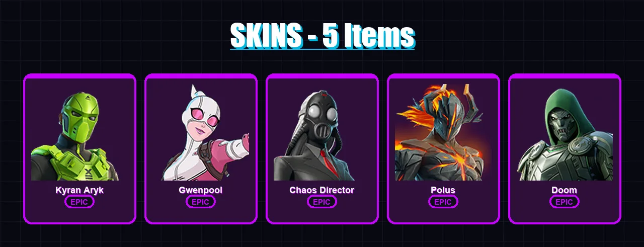 [PS4/PS5/XBOX/PC] | Kyran Aryk | Gwenpool | Chaos Director | Polus | Doom | 5 skin | 9 pickaxe | 4 emote | 10 glider | Lv38