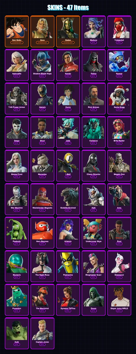 [PC/XBOX/PSN] | Son Goku | Zeus | Hades | Medusa | Yulejacket | 47 skin | 67 pickaxe | 65 emote | 50 glider | Lv617