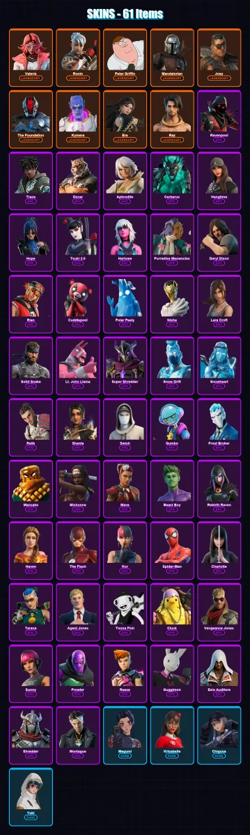 [PC/XBOX/PSN] | Valeria | Ronin | Peter Griffin | Mandalorian | Joey | 61 skin | 54 pickaxe | 55 emote | 50 glider | Lv600 — Fortnite account
