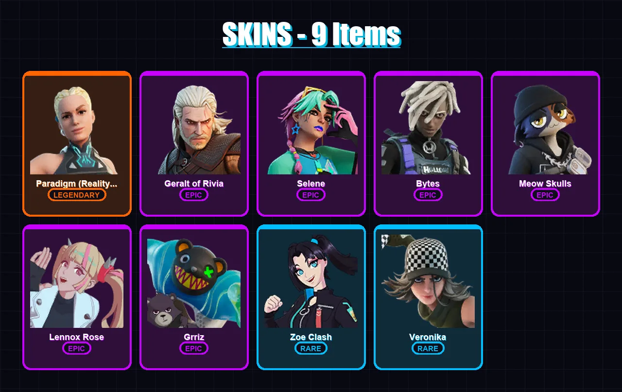 [PS4/PS5/XBOX/PC] | Paradigm (Reality-659) | Geralt of Rivia | Selene | Bytes | Meow Skulls | 9 skin | 24 pickaxe | 11 emote | 18 glider | Lv228