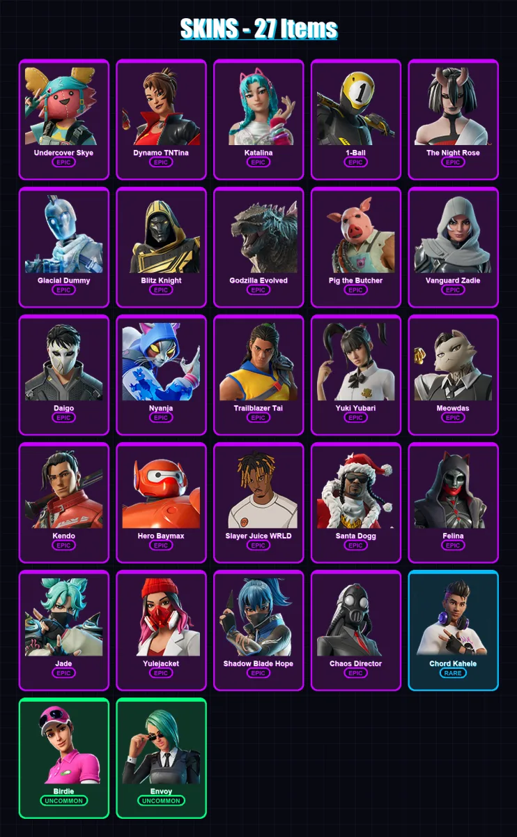 [PS4/PS5/PC] | Undercover Skye | Dynamo TNTina | Katalina | 1-Ball | The Night Rose | 27 skin | 116 pickaxe | 71 emote | 85 glider | Lv1975