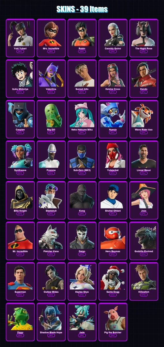 [PS4/PS5/XBOX/PC] | Yuki Yubari | Mrs. Incredible | Robin | Cassidy Quinn | The Night Rose | 39 skin | 68 pickaxe | 56 emote | 42 glider | Lv404 — Fortnite account