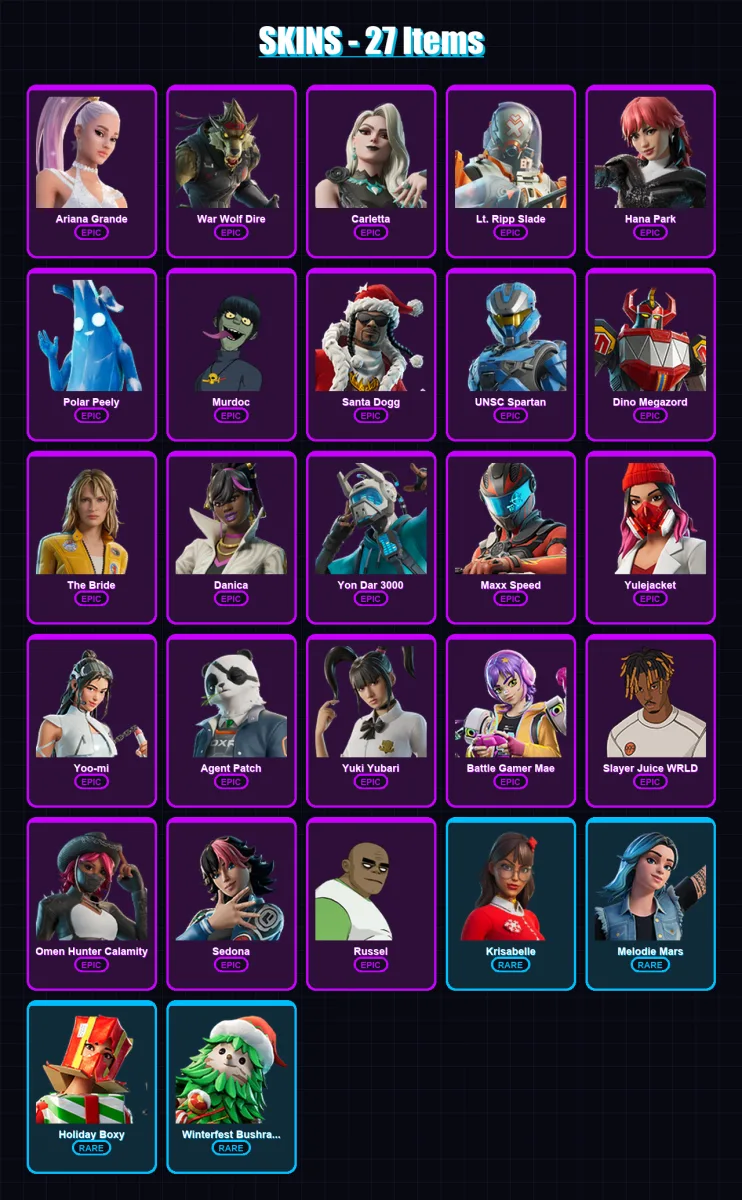 [SWITCH/XBOX/PSN/PC] | Ariana Grande | War Wolf Dire | Carletta | Lt. Ripp Slade | Hana Park | 27 skin | 67 pickaxe | 39 emote | 54 glider | Lv617 — Fortnite account