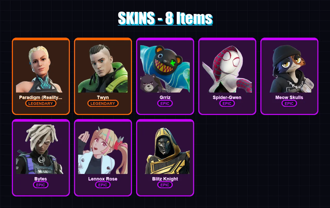 [PC/PSN] | Paradigm (Reality-659) | Twyn | Grriz | Spider-Gwen | Meow Skulls | 8 skin | 25 pickaxe | 15 emote | 19 glider | Lv318 — Game account