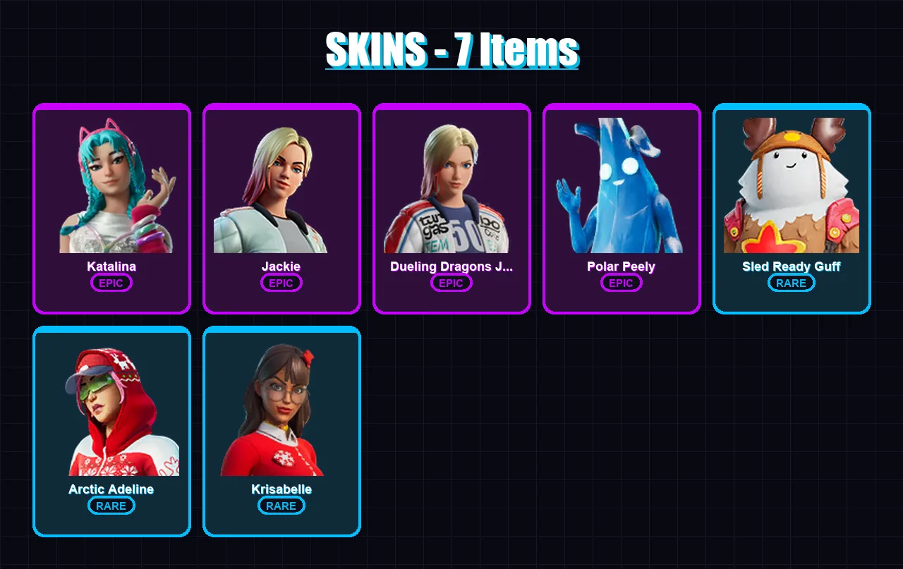 [PC/PSN] | Katalina | Jackie | Dueling Dragons Jackie | Polar Peely | Sled Ready Guff | 7 skin | 35 pickaxe | 25 emote | 32 glider | Lv484