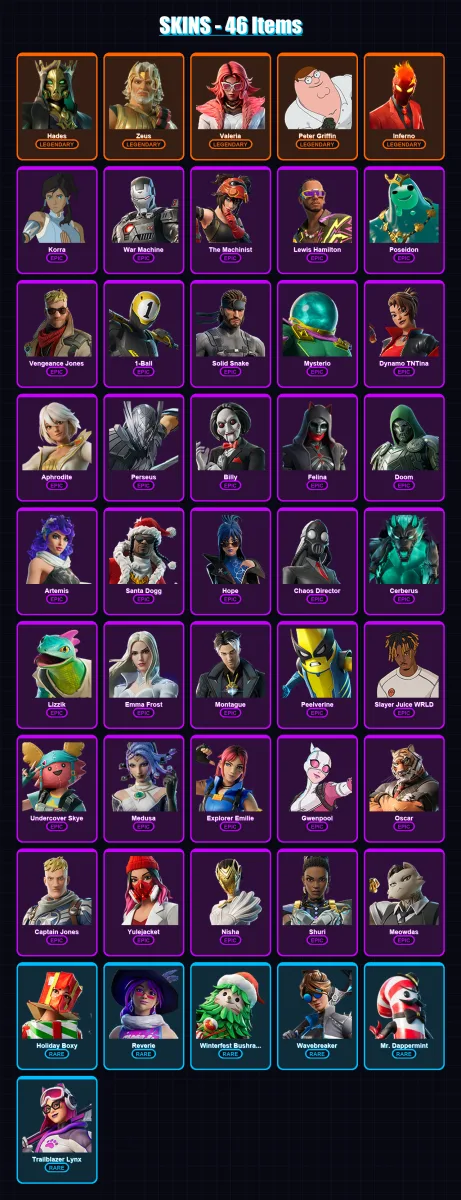 [PC/XBOX/PSN] | Hades | Zeus | Valeria | Peter Griffin | Inferno | 46 skin | 61 pickaxe | 41 emote | 39 glider | Lv461 — Fortnite account