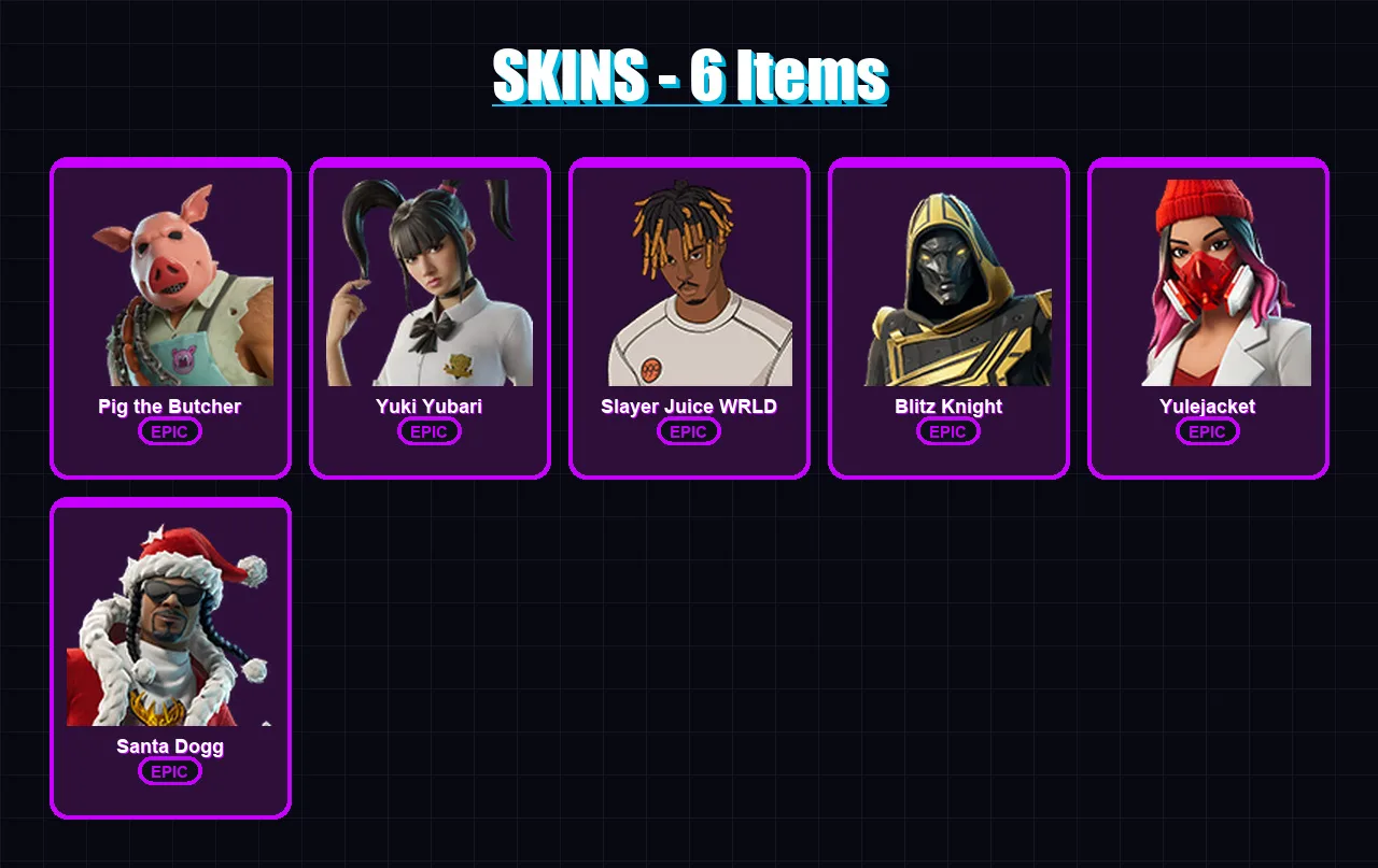 [PC/XBOX/PSN] | Pig the Butcher | Yuki Yubari | Slayer Juice WRLD | Blitz Knight | Yulejacket | 6 skin | 43 pickaxe | 23 emote | 28 glider | Lv399