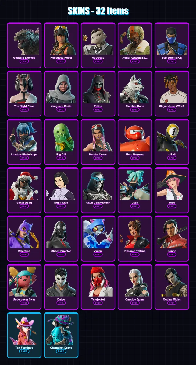 [PC/XBOX/PSN] | Godzilla Evolved | Renegade Rebel | Meowdas | 32 skin | Lv950 — Fortnite account