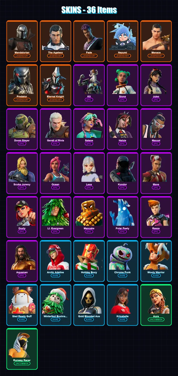 [PS4/PS5/XBOX/PC] | Mandalorian | The Ageless | Fade | Nezumi | Menace | 36 skin | 86 pickaxe | 59 emote | 83 glider | Lv1250