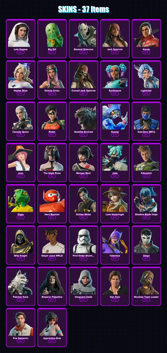 [PC/PSN] | Leia Organa | Big Dill | General Grievous | Jack Sparrow | Kendo | 37 skin | 53 pickaxe | 40 emote | 40 glider | Lv511 — Fortnite account