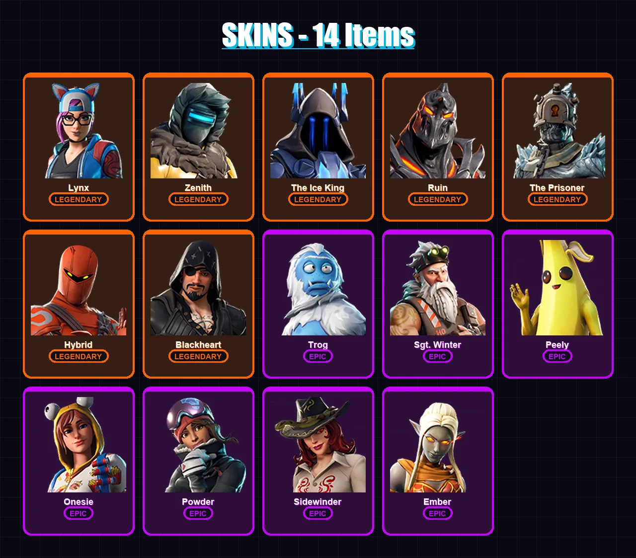 [PC/XBOX/PSN] | Lynx | Zenith | The Ice King | Ruin | The Prisoner | 14 skin | 17 pickaxe | 22 emote | 13 glider | Lv194