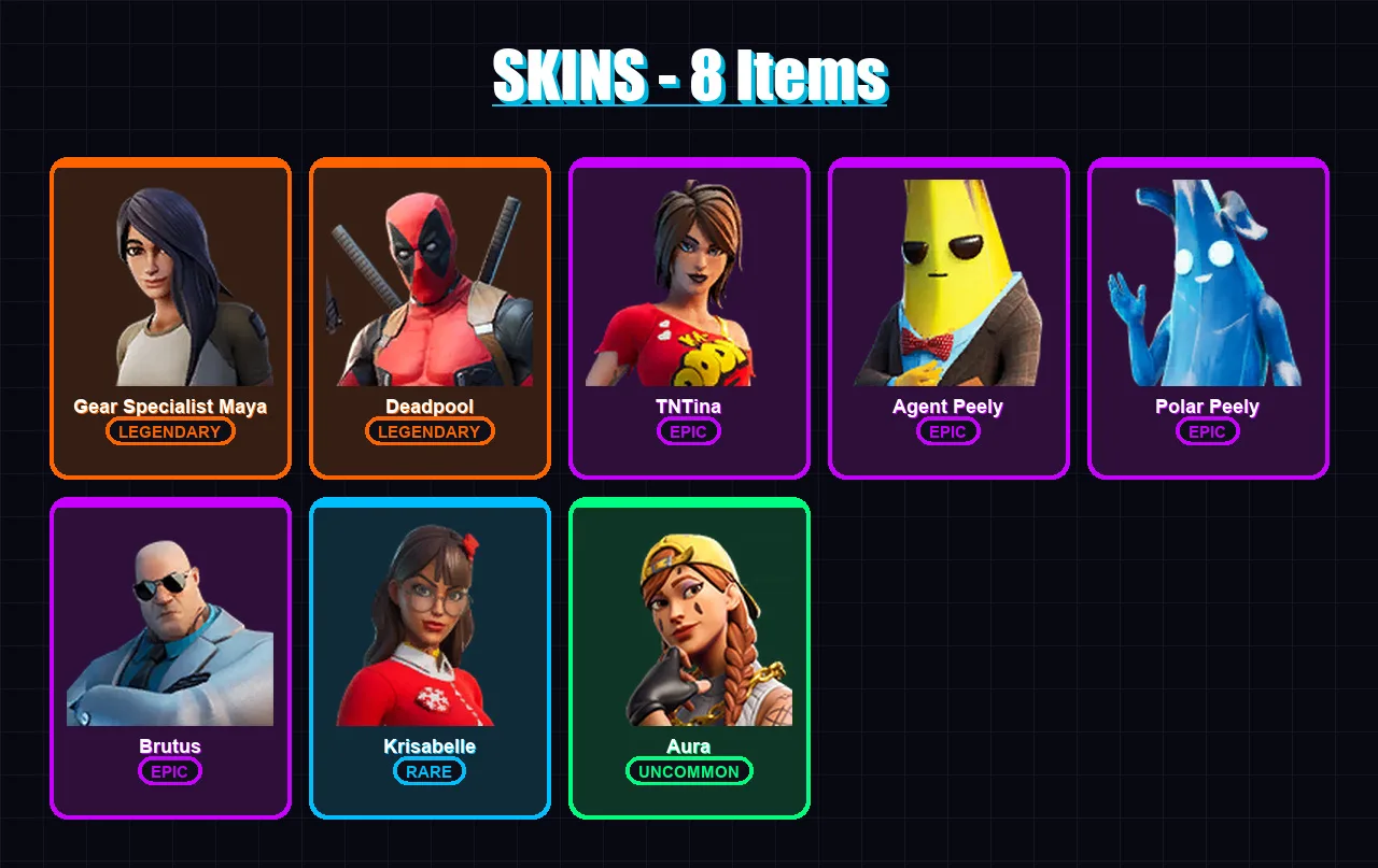 [PS4/PS5/XBOX/PC] | Gear Specialist Maya | Deadpool | TNTina | Agent Peely | Polar Peely | 8 skin | 19 pickaxe | 20 emote | 16 glider | Lv248