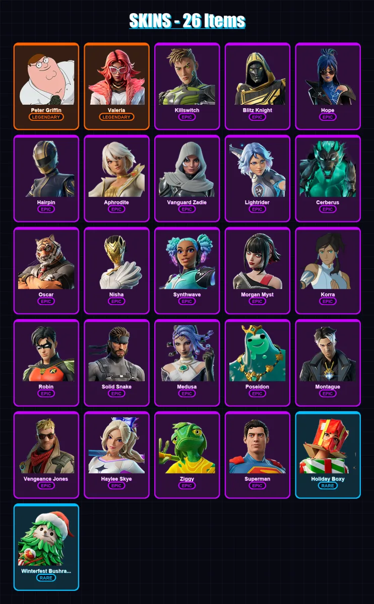 [PC/PSN] | Peter Griffin | Valeria | Killswitch | Blitz Knight | Hope | 26 skin | 55 pickaxe | 37 emote | 46 glider | Lv661