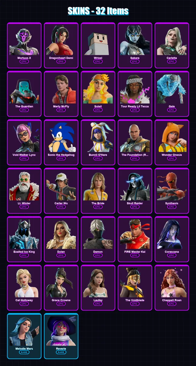 [PC/PSN] | Mortuus X | Dragonheart Demi | Wrixel | Sakara | Carletta | 32 skin | 28 pickaxe | 10 emote | 12 glider | Lv47