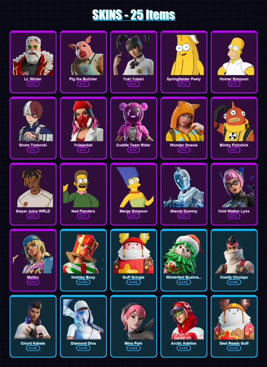 [PS4/PS5/PC] | Lt. Winter | Pig the Butcher | Yuki Yubari | Springfielder Peely | Homer Simpson | 25 skin | 58 pickaxe | 33 emote | 38 glider | Lv51