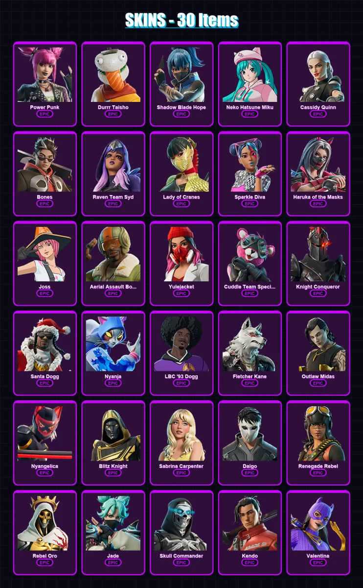 [PC/PSN] | Power Punk | Durrr Taisho | Shadow Blade Hope | Neko Hatsune Miku | Cassidy Quinn | 30 skin | 47 pickaxe | 29 emote | 23 glider | Lv203