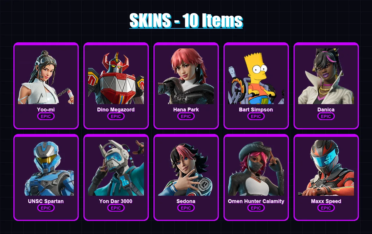 [PC/XBOX/PSN] | Yoo-mi | Dino Megazord | Hana Park | Bart Simpson | Danica | 10 skin | 16 pickaxe | 9 emote | 6 glider | Lv35 — Fortnite account