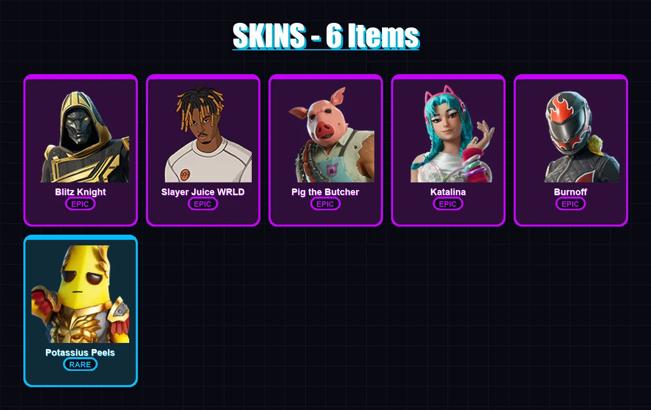 [PS4/PS5/XBOX/PC] | Blitz Knight | Slayer Juice WRLD | Pig the Butcher | Katalina | Burnoff | 6 skin | 42 pickaxe | 13 emote | 24 glider | Lv239