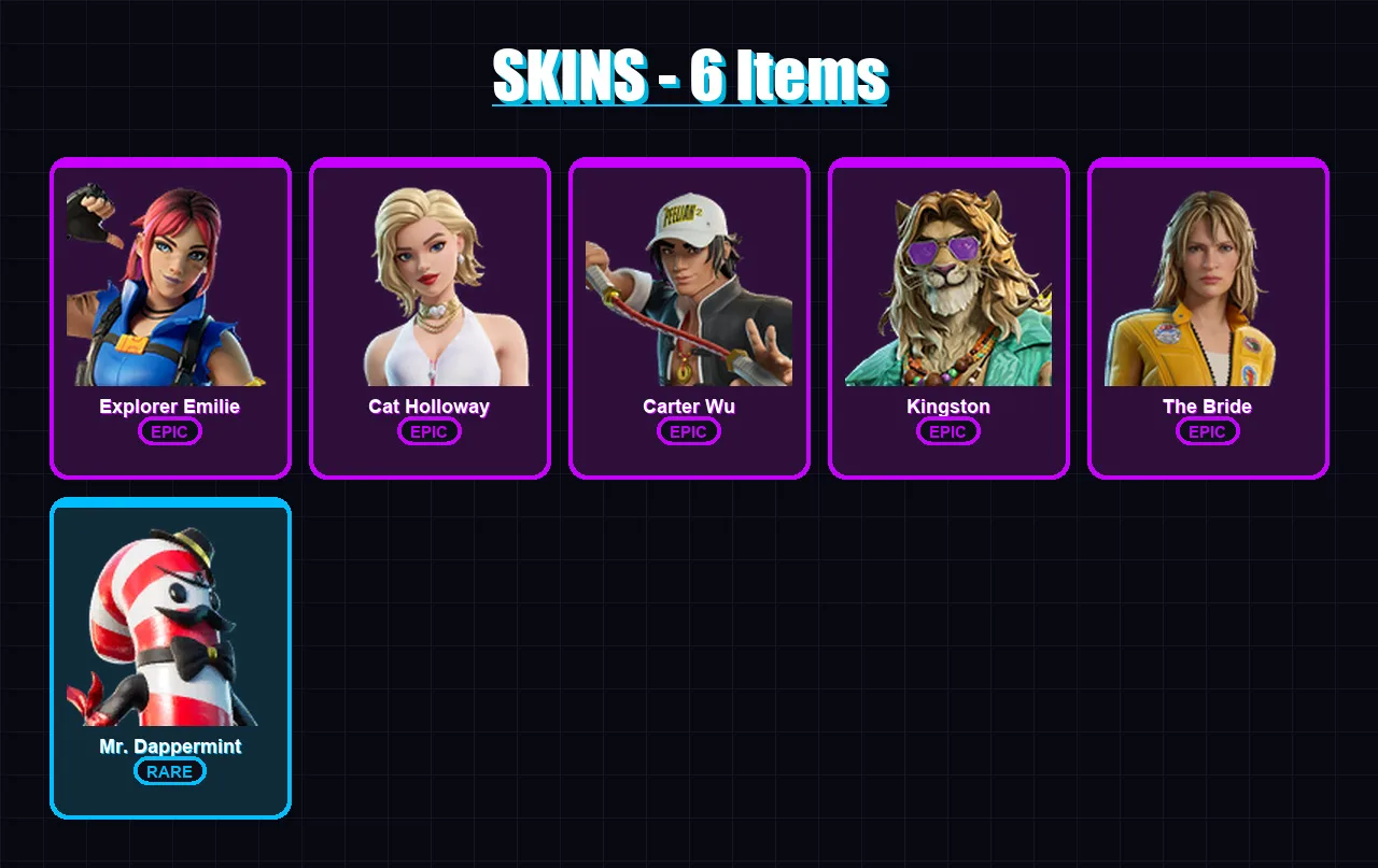 [PC/PSN] | Explorer Emilie | Cat Holloway | Carter Wu | Kingston | The Bride | 6 skin | 9 pickaxe | 10 emote | 8 glider | Lv51