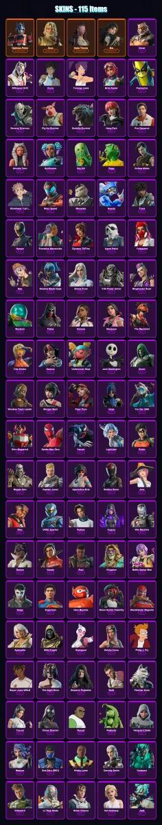 [PS4/PS5/XBOX/PC] | Optimus Prime | Zeus | Kado Thorne | Era | Oscar | 115 skin | 159 pickaxe | 121 emote | 113 glider | Lv1926