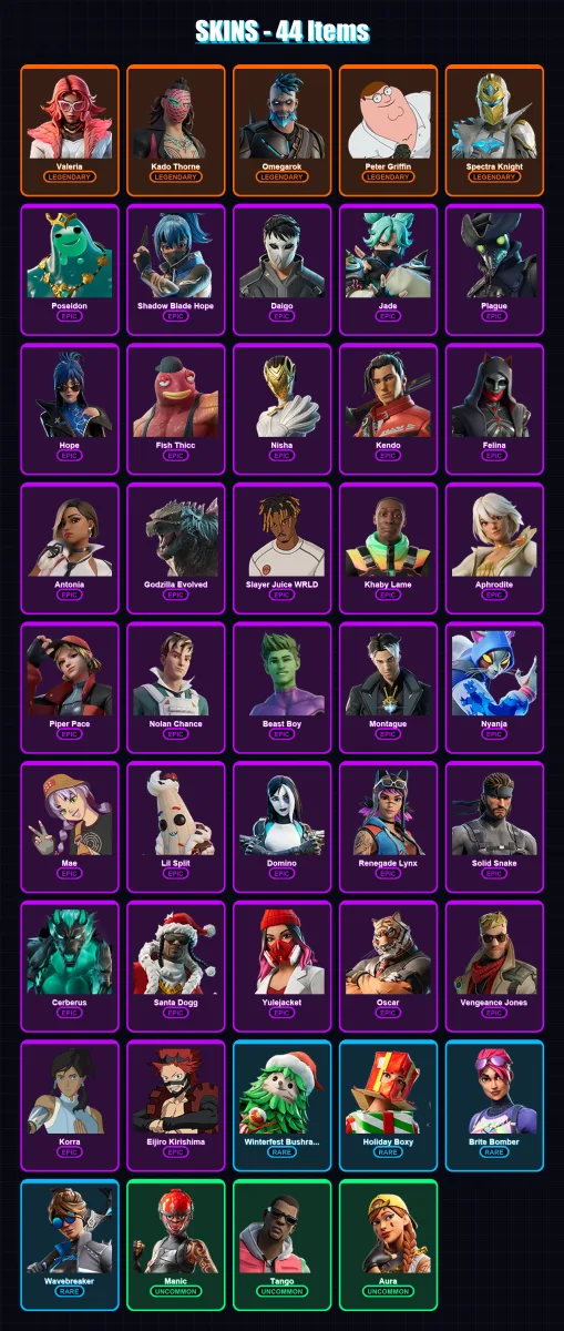 [PC/XBOX] | Valeria | Kado Thorne | Omegarok | Peter Griffin | Spectra Knight | 44 skin | 54 pickaxe | 43 emote | 47 glider | Lv525
