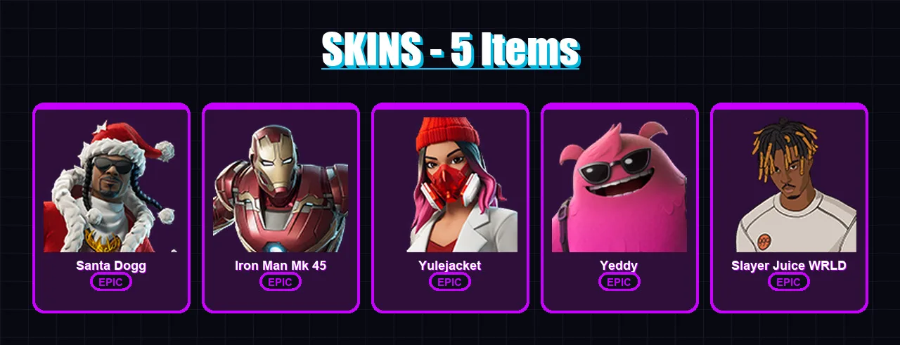 [PC/XBOX/PSN] | Santa Dogg | Iron Man Mk 45 | Yulejacket | Yeddy | Slayer Juice WRLD | 5 skin | 16 pickaxe | 8 emote | 12 glider | Lv123