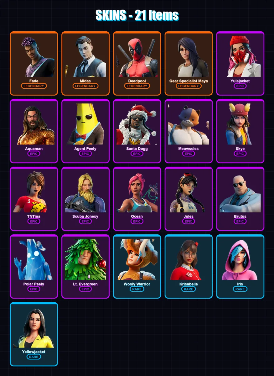 [PS4/PS5/XBOX/PC] | Fade | Midas | Deadpool | Gear Specialist Maya | Yulejacket | 21 skin | 39 pickaxe | 25 emote | 32 glider | Lv391