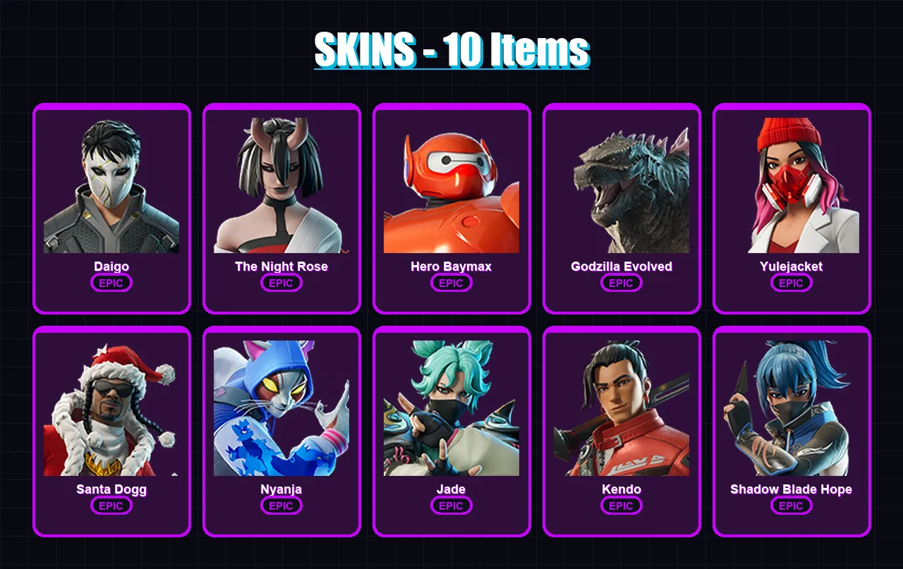 [PC/XBOX/PSN] | Daigo | The Night Rose | Hero Baymax | Godzilla Evolved | Yulejacket | 10 skin | 58 pickaxe | 29 emote | 45 glider | Lv666