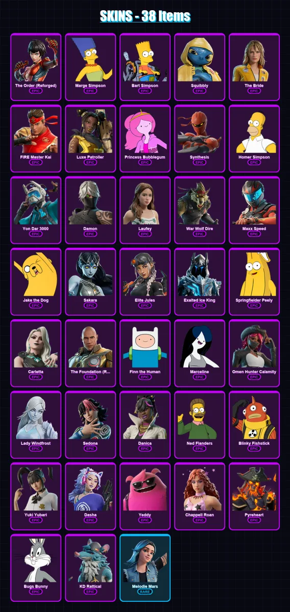 [PC/PSN] | The Order (Reforged) | Marge Simpson | Bart Simpson | Squibbly | The Bride | 38 skin | 65 pickaxe | 38 emote | 38 glider | Lv395
