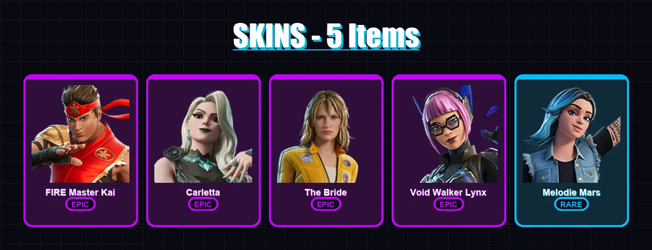 [PC/XBOX/PSN] | FIRE Master Kai | Carletta | The Bride | Void Walker Lynx | Melodie Mars | 5 skin | 13 pickaxe | 5 emote | 7 glider | Lv38
