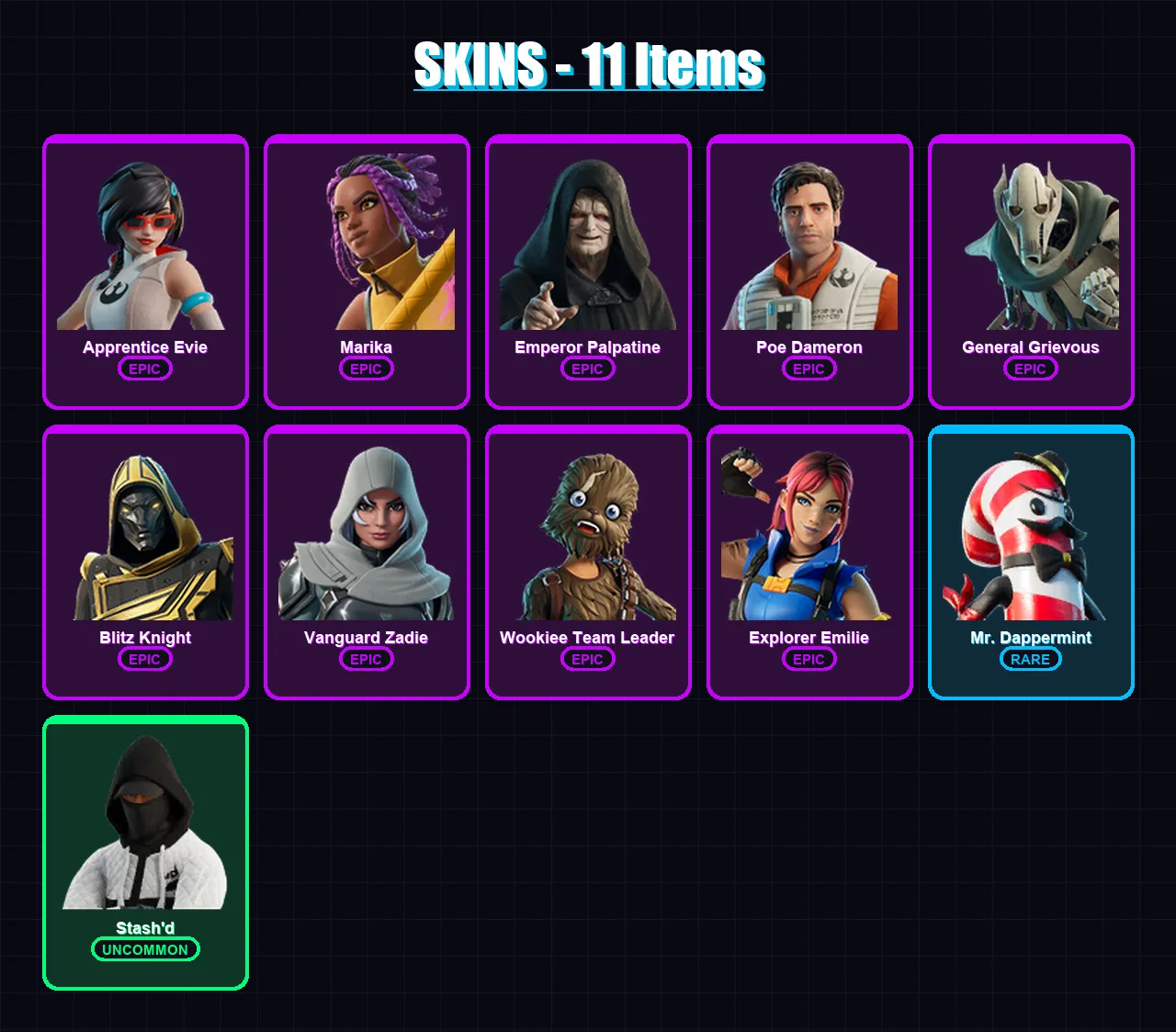 [PC/XBOX/PSN] | Apprentice Evie | Marika | Emperor Palpatine | Poe Dameron | General Grievous | 11 skin | 42 pickaxe | 17 emote | 31 glider | Lv322