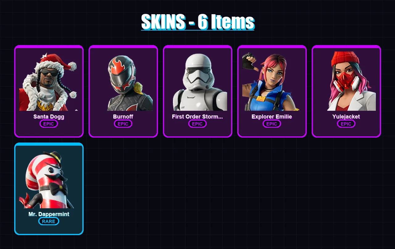 [PC/XBOX/PSN] | Santa Dogg | Burnoff | First Order Stormtrooper | Explorer Emilie | Yulejacket | 6 skin | 20 pickaxe | 8 emote | 11 glider | Lv115 — Game account