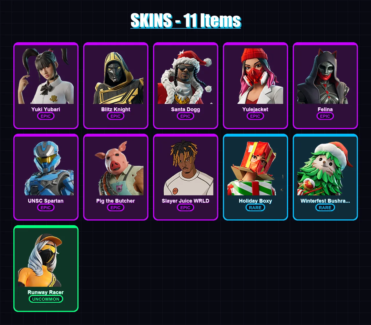 [PC/XBOX/PSN] | Yuki Yubari | Blitz Knight | Santa Dogg | Yulejacket | Felina | 11 skin | 84 pickaxe | 34 emote | 63 glider | Lv1461