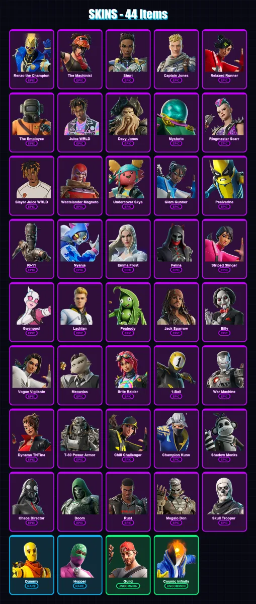 [PC/PSN] | Renzo the Champion | The Machinist | Shuri | Captain Jones | Relaxed Runner | 44 skin | 55 pickaxe | 43 emote | 37 glider | Lv639