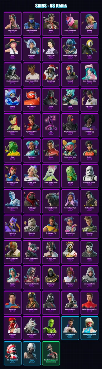 [PC/XBOX/PSN] | Keisha Cross | Sub-Zero (MK3) | Bones | Andy Fangerson | Malibu | 68 skin | 113 pickaxe | 68 emote | 65 glider | Lv1914