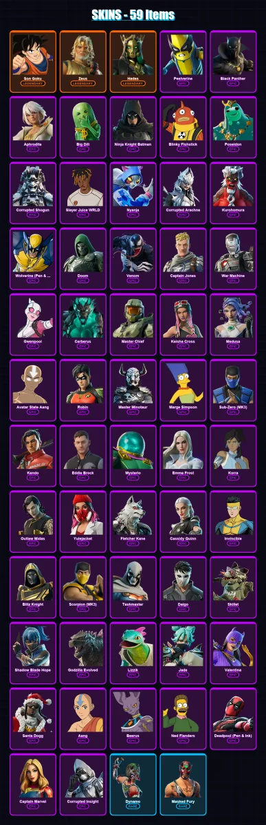 [PC] | Son Goku | Zeus | Hades | Peelverine | Black Panther | 59 skin | 93 pickaxe | 51 emote | 61 glider | Lv475 — Fortnite account