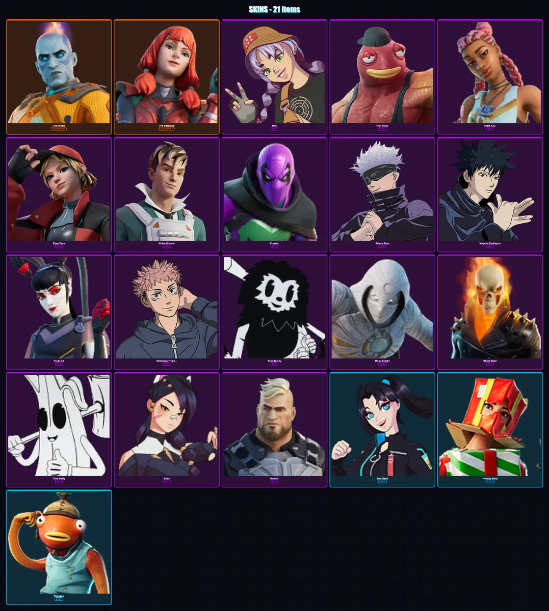 [PC/PSN] | The Origin | The Imagined | Mae | Fish Thicc | Kiara K.O. | 21 skin | 24 pickaxe | 27 emote | 21 glider | Lv278