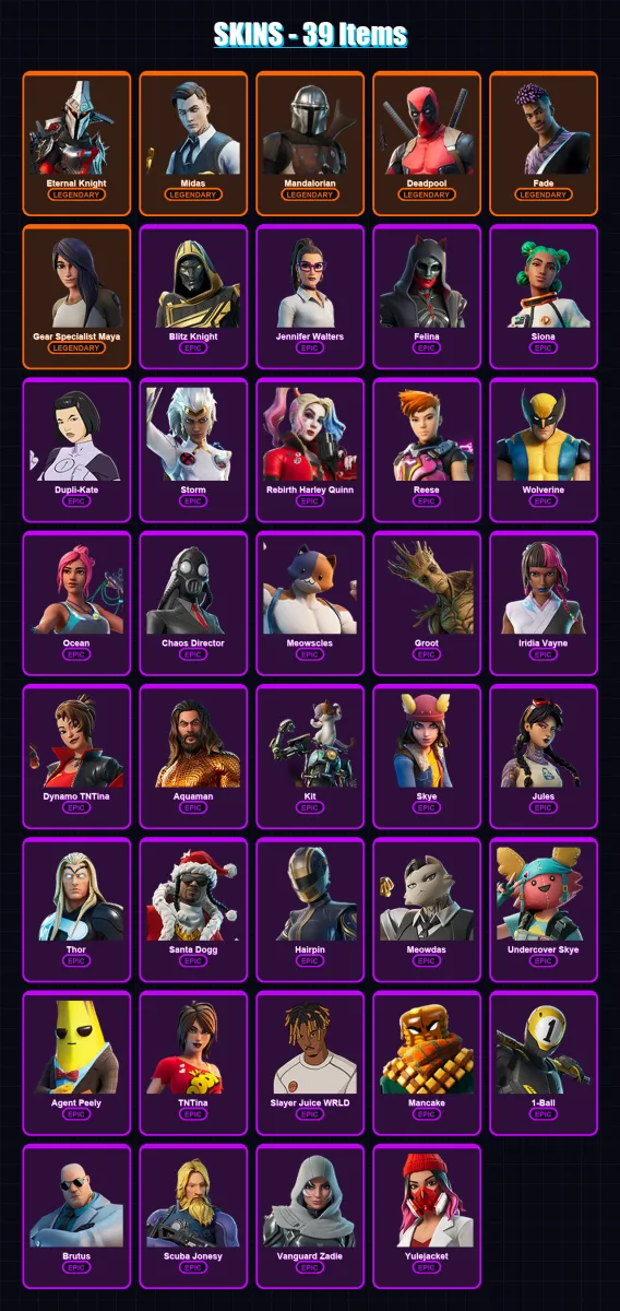 [PS4/PS5/XBOX/PC] | Eternal Knight | Midas | Mandalorian | Deadpool | Fade | 39 skin | 91 pickaxe | 49 emote | 66 glider | Lv1885