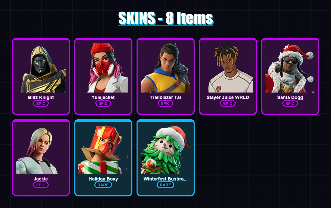 [PC/XBOX] | Blitz Knight | Yulejacket | Trailblazer Tai | Slayer Juice WRLD | Santa Dogg | 8 skin | 26 pickaxe | 14 emote | 17 glider | Lv253