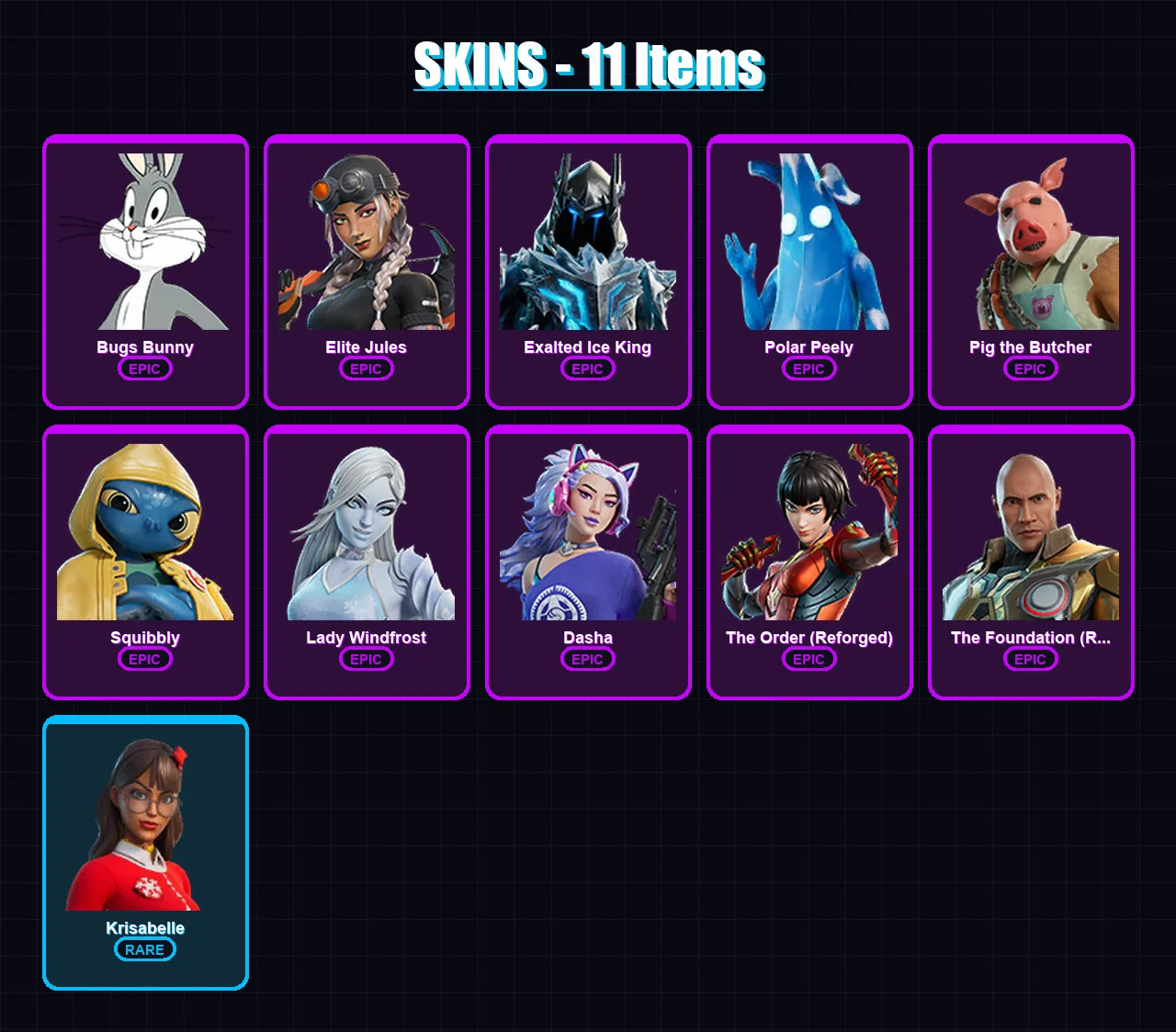 [PS4/PS5/XBOX/PC] | Bugs Bunny | Elite Jules | Exalted Ice King | Polar Peely | Pig the Butcher | 11 skin | 45 pickaxe | 23 emote | 29 glider | Lv42