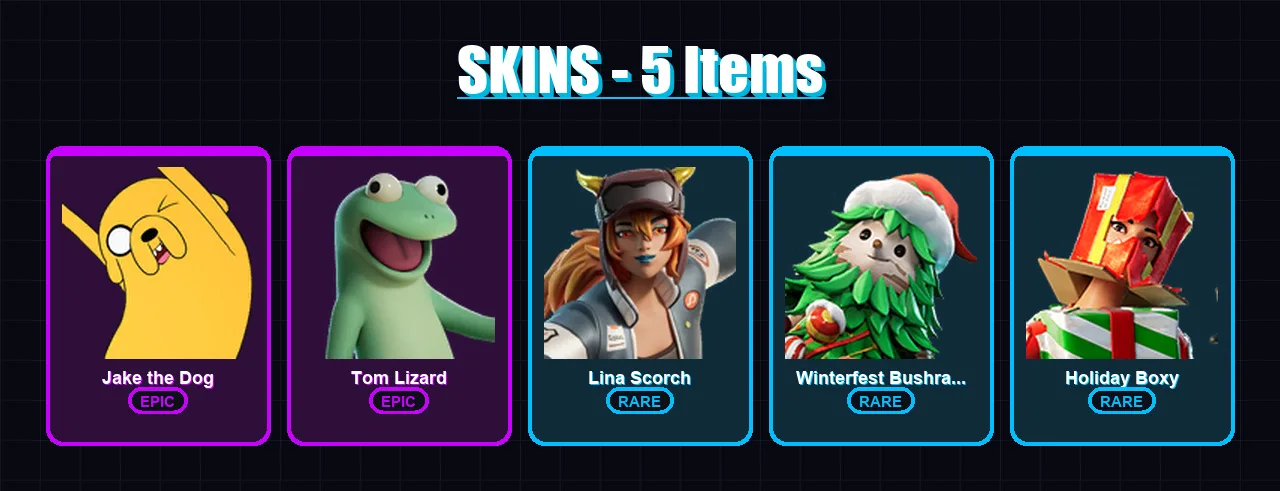 [PC/XBOX] | Jake the Dog | Tom Lizard | Lina Scorch | Winterfest Bushranger | Holiday Boxy | 5 skin | 26 pickaxe | 15 emote | 23 glider | Lv210