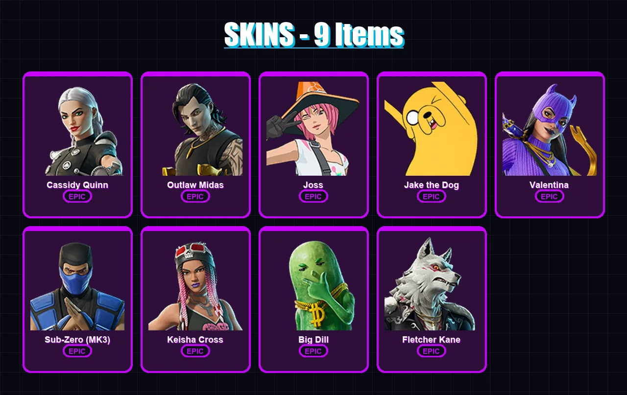[PC/XBOX/PSN] | Cassidy Quinn | Outlaw Midas | Joss | Jake the Dog | Valentina | 9 skin | 23 pickaxe | 14 emote | 16 glider | Lv137