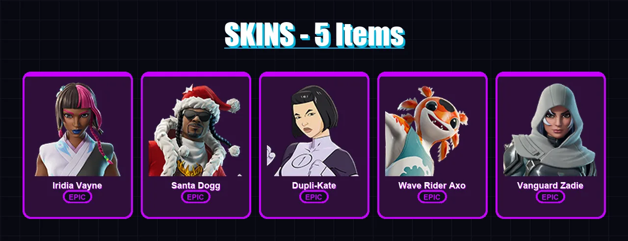 [PC/XBOX/PSN] | Iridia Vayne | Santa Dogg | Dupli-Kate | Wave Rider Axo | Vanguard Zadie | 5 skin | 32 pickaxe | 12 emote | 22 glider | Lv610