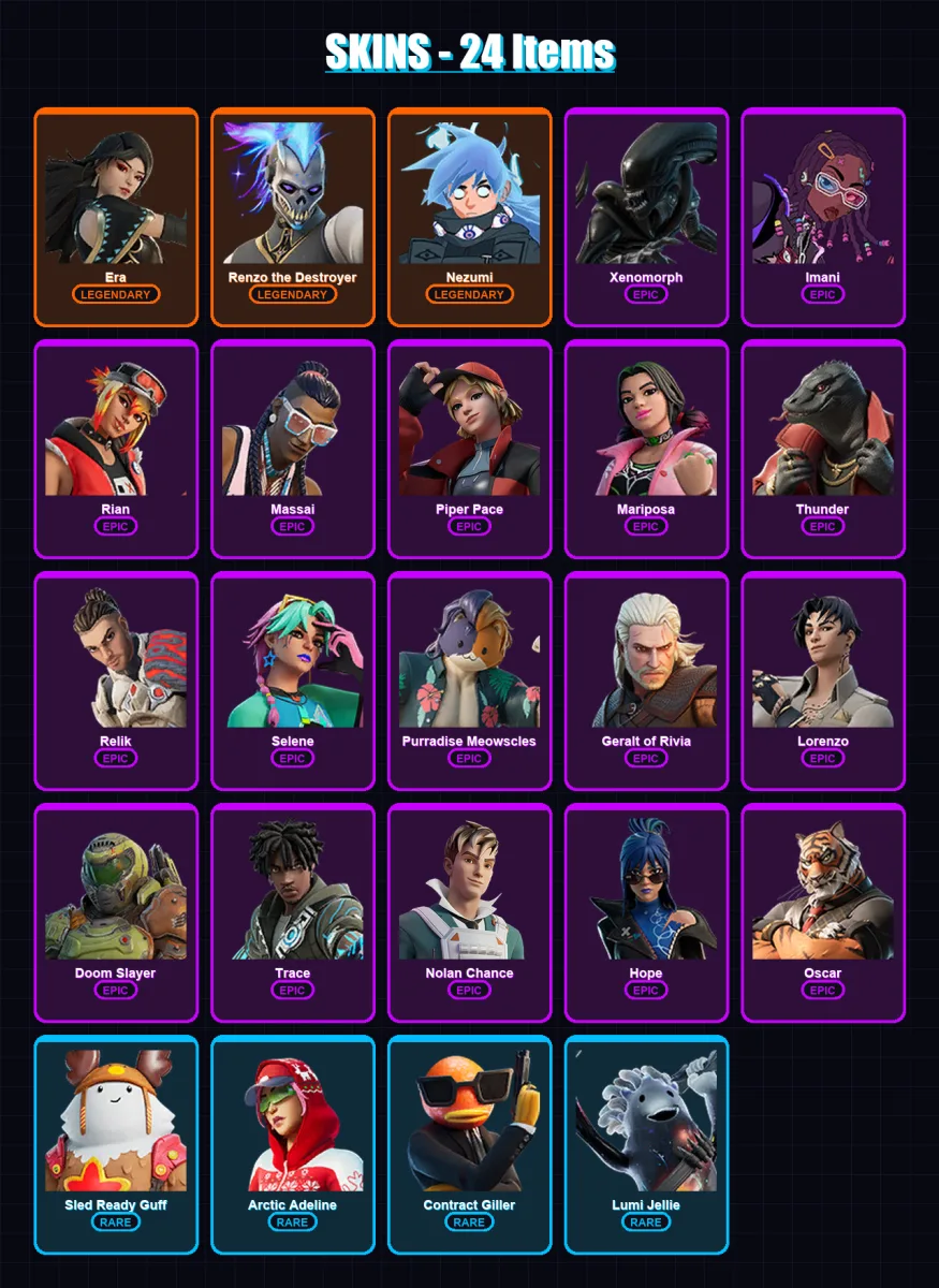[PC/PSN] | Era | Renzo the Destroyer | Nezumi | Xenomorph | Imani | 24 skin | 33 pickaxe | 22 emote | 28 glider | Lv316