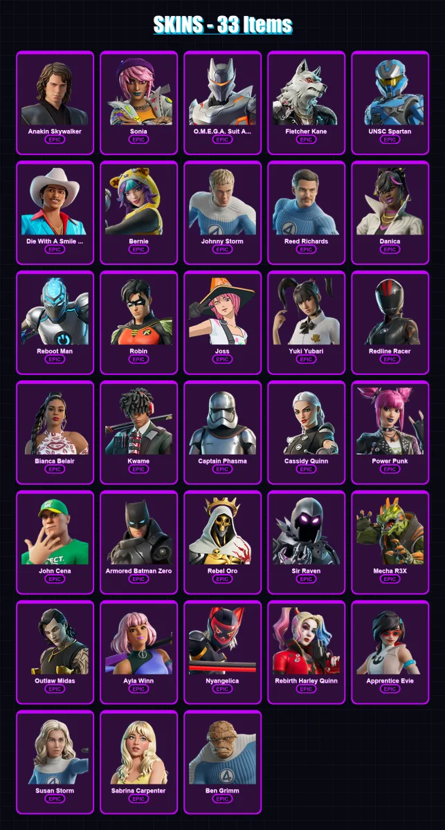[PC/XBOX] | Anakin Skywalker | Sonia | O.M.E.G.A. Suit Alpha | Fletcher Kane | UNSC Spartan | 33 skin | 34 pickaxe | 18 emote | 13 glider | Lv68