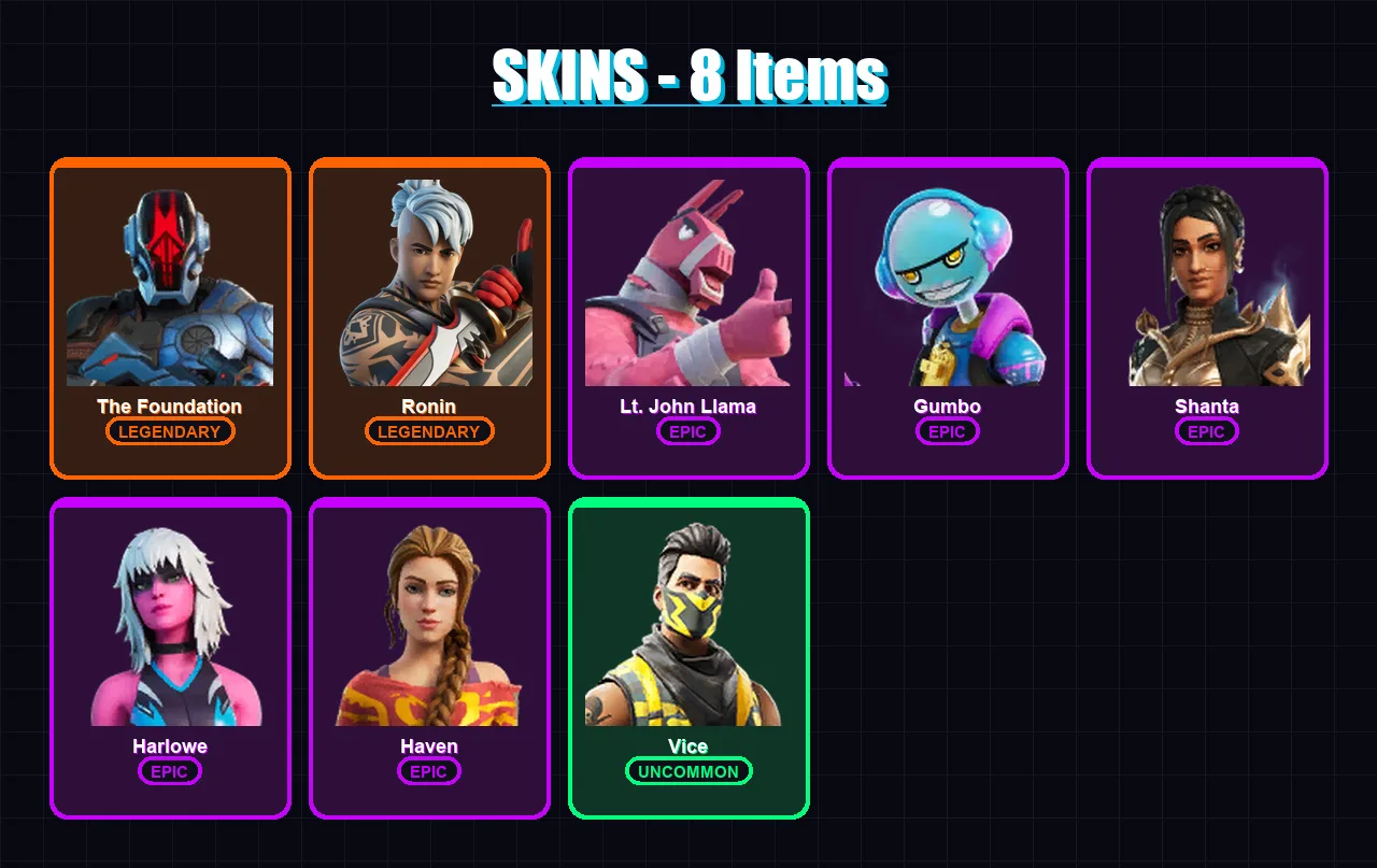 [PC/PSN] | The Foundation | Ronin | Lt. John Llama | Gumbo | Shanta | 8 skin | 9 pickaxe | 9 emote | 10 glider | Lv111