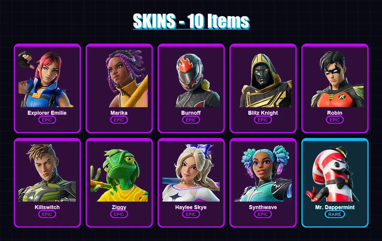 [PC/XBOX] | Explorer Emilie | Marika | Burnoff | Blitz Knight | Robin | 10 skin | 19 pickaxe | 12 emote | 10 glider | Lv104