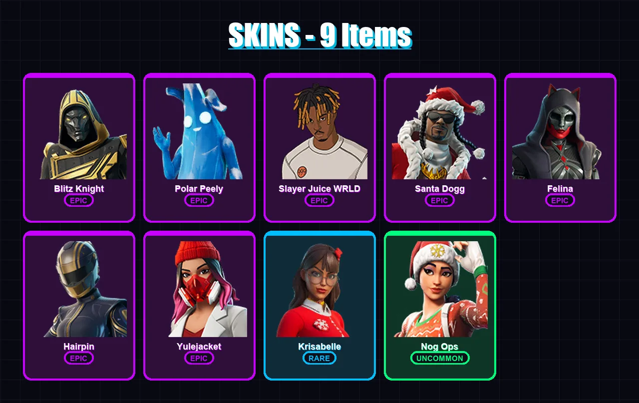 [PC/XBOX] | Blitz Knight | Polar Peely | Slayer Juice WRLD | Santa Dogg | Felina | 9 skin | 55 pickaxe | 23 emote | 35 glider | Lv669