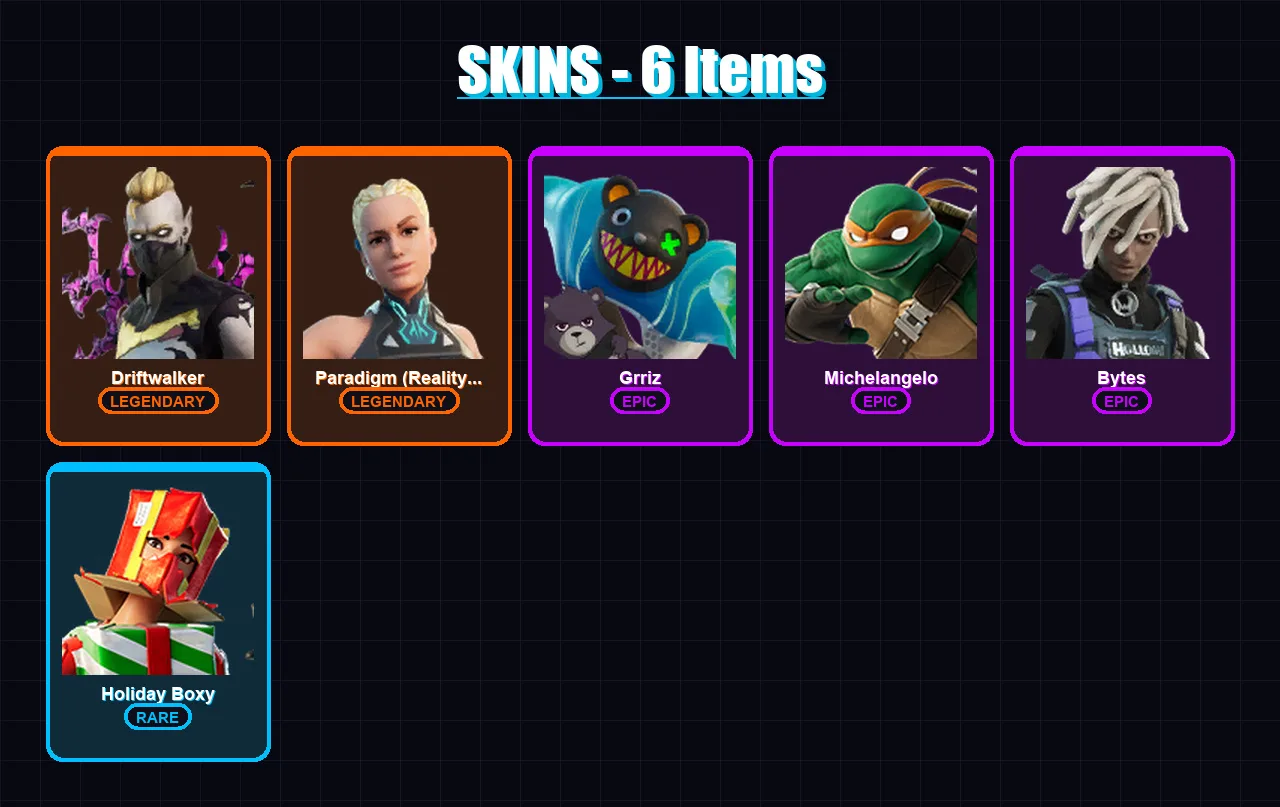 [PS4/PS5/XBOX/PC] | Driftwalker | Paradigm (Reality-659) | Grriz | Michelangelo | Bytes | 6 skin | 12 pickaxe | 7 emote | 13 glider | Lv113
